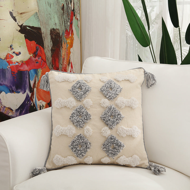 HKM-297299 Floral Cotton Velvet Embroidered Pillow with Tassels - 45x45 cm