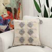 HKM-297299 Floral Cotton Velvet Embroidered Pillow with Tassels - 45x45 cm