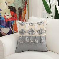 HKM-297299 Floral Cotton Velvet Embroidered Pillow with Tassels - 45x45 cm