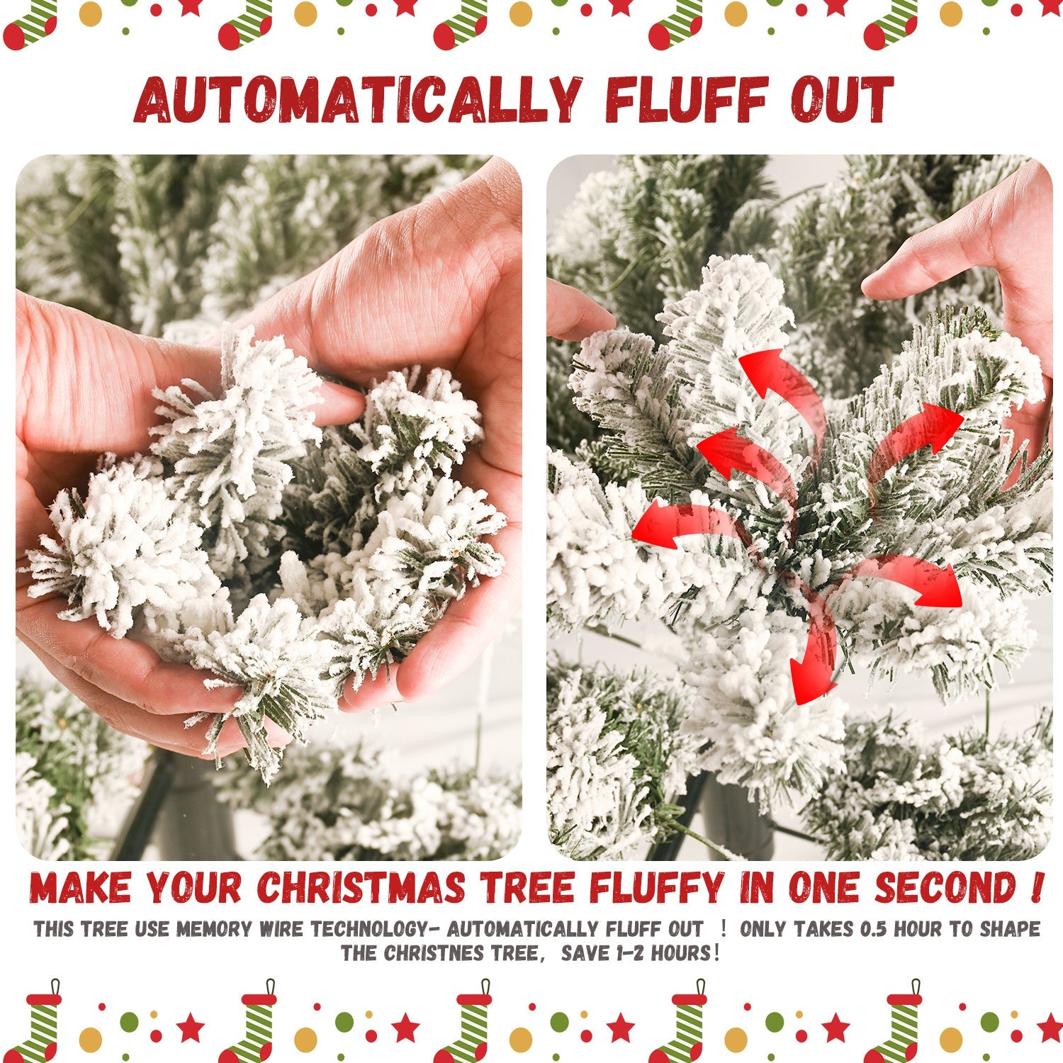 HKM-297619 Flocked PVC Christmas Trees with Warm White LED Lights – Multiple Sizes Available (4ft to 9ft)