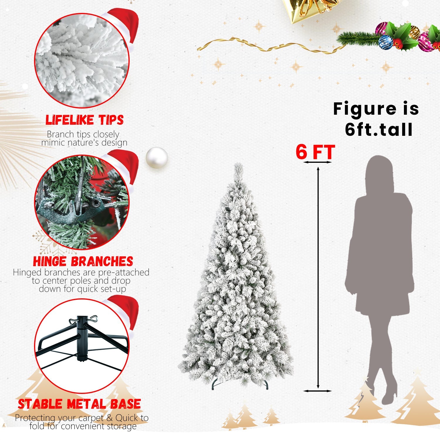 HKM-297619 Flocked PVC Christmas Trees with Warm White LED Lights – Multiple Sizes Available (4ft to 9ft)