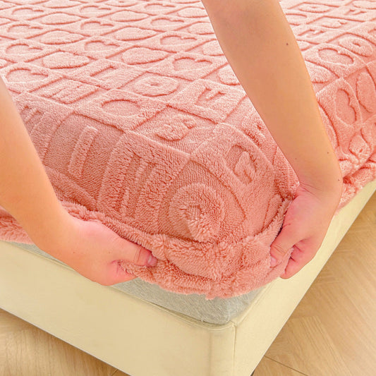 HKM-298323 Milk Fiber Solid Color Fitted Sheet with 3D Carved Design and Pillowcases - Multiple Sizes Available