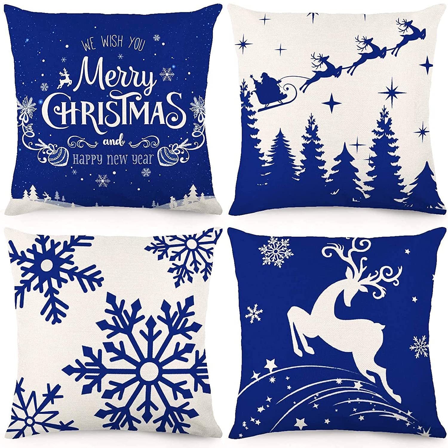 HKM-298323 Minimalist Christmas Print Linen Sofa Pillow Covers - 45x45cm (Set of 4)