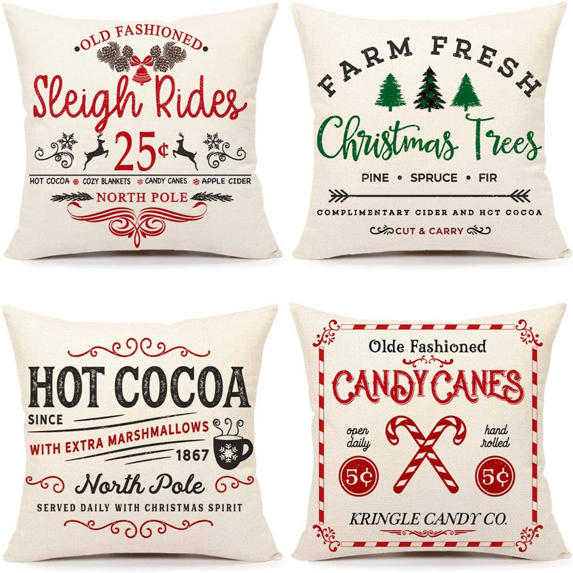 HKM-298323 Minimalist Christmas Print Linen Sofa Pillow Covers - 45x45cm (Set of 4)