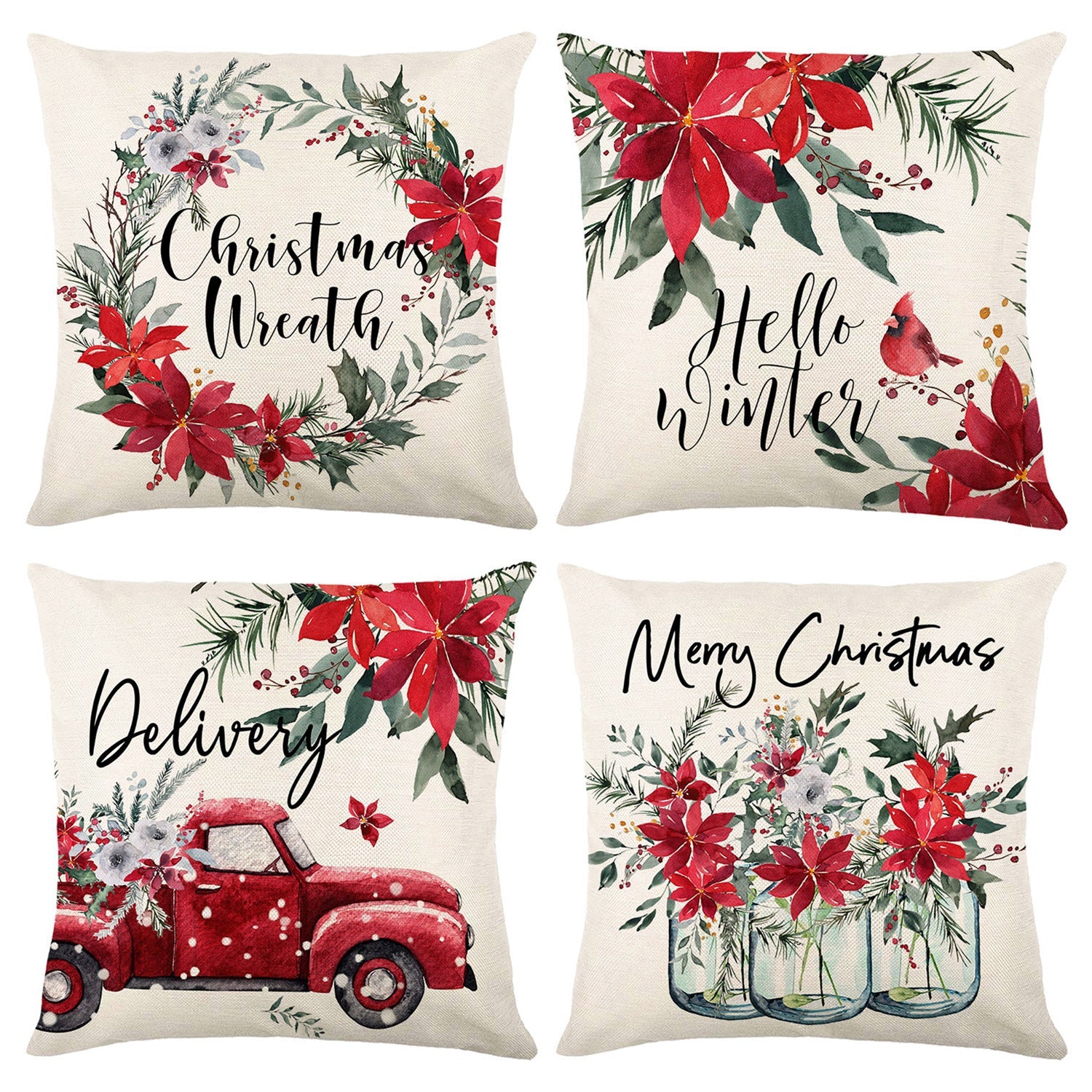 HKM-298323 Minimalist Christmas Print Linen Sofa Pillow Covers - 45x45cm (Set of 4)