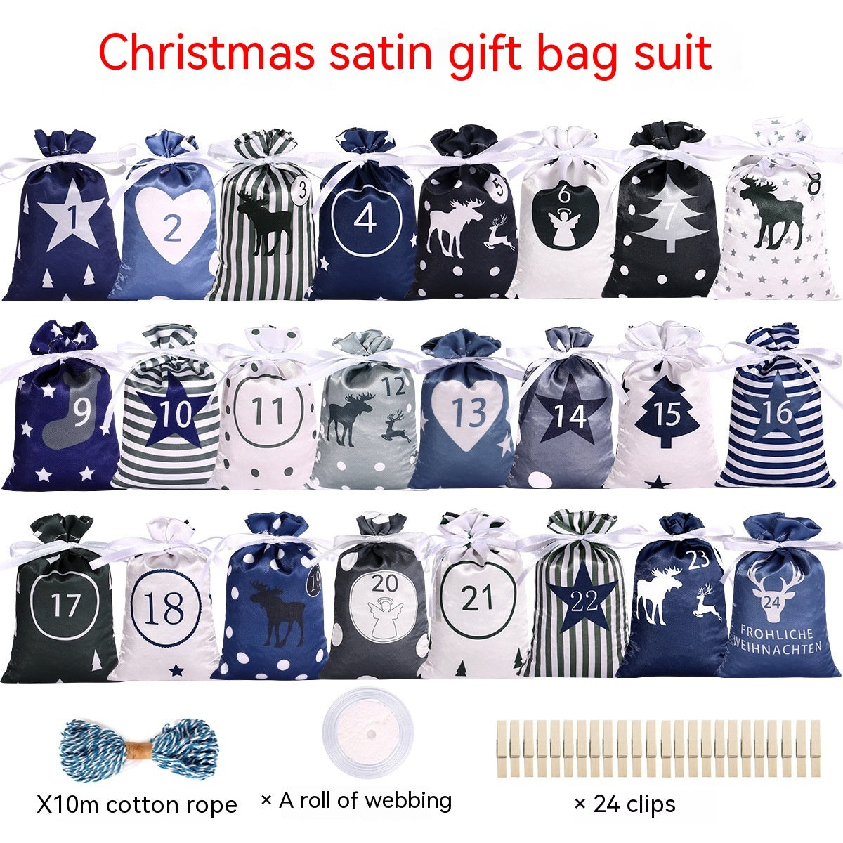 HKM-298451 Multicolor Christmas Advent Calendar Gift Bag Set with Drawstring and Accessories