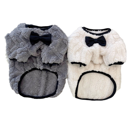 HKM-298579 Corgi Bow Tie Sweater in Beige & Gray – Double-Sided Velvet Pet Clothing