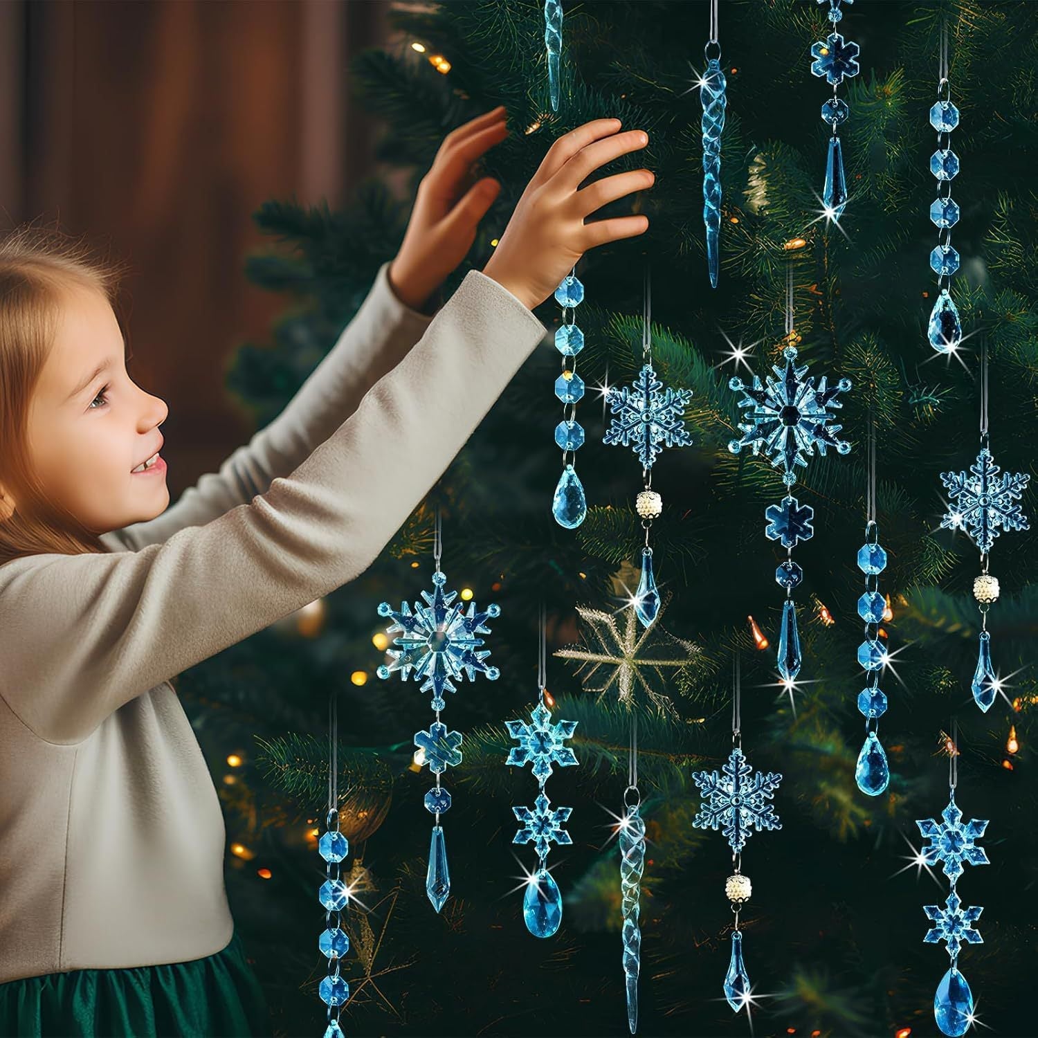HKM-300435 Light Blue Acrylic Snowflake Christmas Tree Ornaments - Set of 18 Decorative Pendants