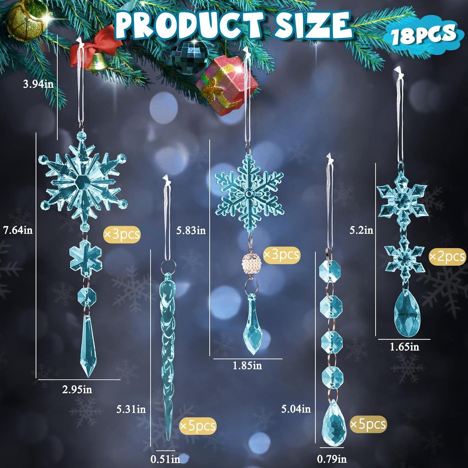 HKM-300435 Light Blue Acrylic Snowflake Christmas Tree Ornaments - Set of 18 Decorative Pendants