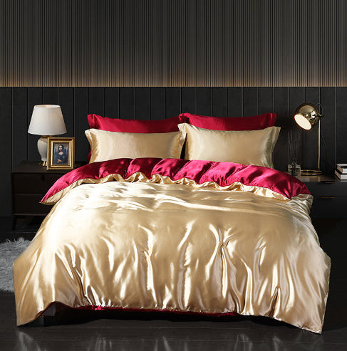 HKM-301267 Solid Color Double-sided Silk Four-Piece Bedding Set with Quilt Cover and Fitted Sheet