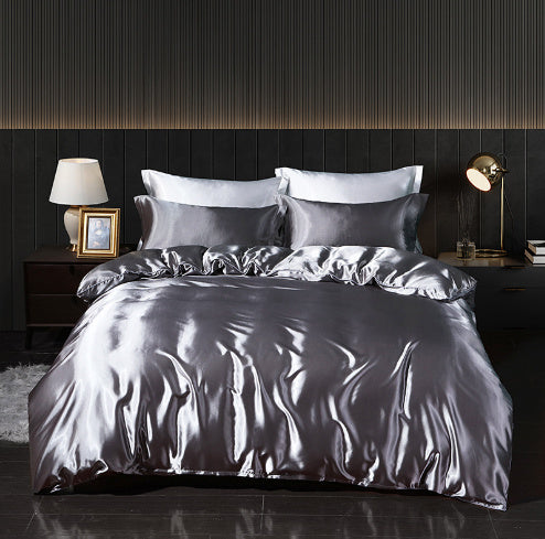 HKM-301267 Solid Color Double-sided Silk Four-Piece Bedding Set with Quilt Cover and Fitted Sheet