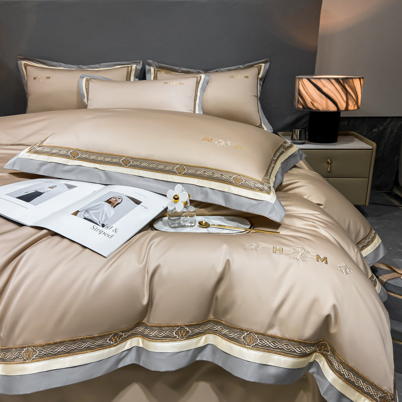 HKM-301459 Light Luxury All-Cotton Four-Piece Bedding Set for Year-Round Comfort, Includes Quilt Cover, Bed Sheet, and Pillowcases