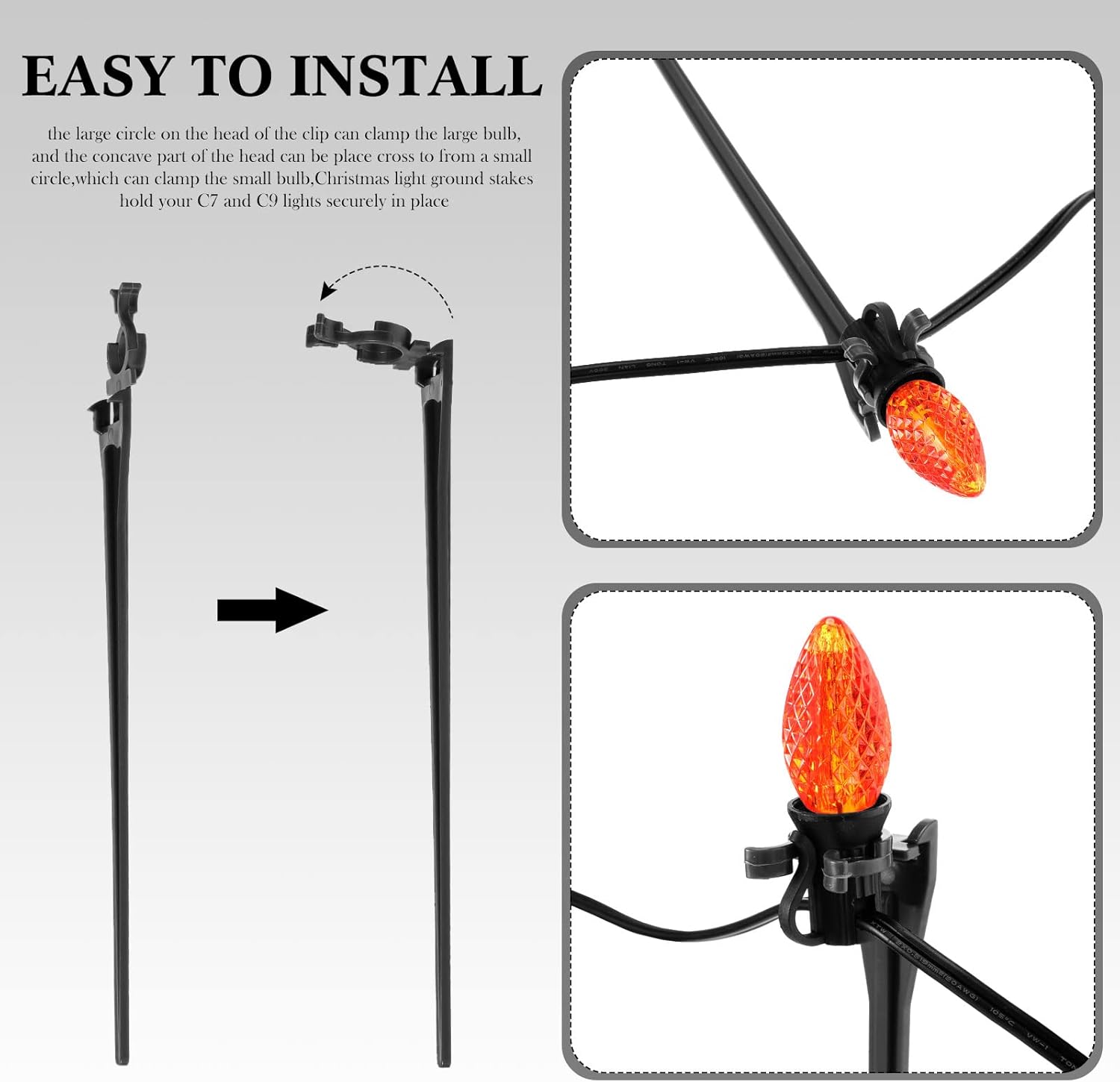 HKM-302803 Christmas Light Stakes for C7/C9 String Lights - 400 Durable Black Plastic Yard Stakes, 7.5 Inches High