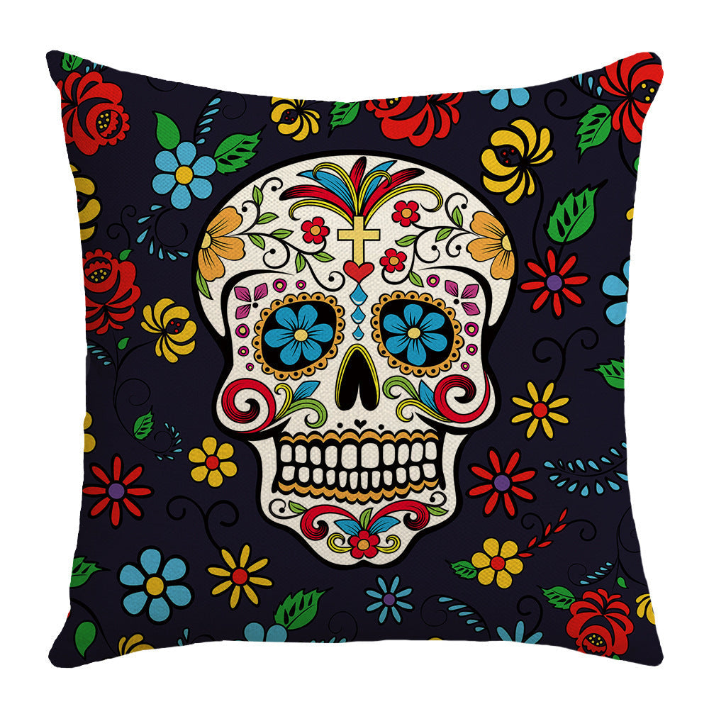 HKM-303571 Cartoon Skull Linen Pillow Cover for Halloween, 45x45cm, Nordic Style, Multiple Designs