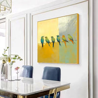 HKM-303699 Hand-Painted Abstract Oil Painting of Birds on Silver Yellow Canvas - Modern Minimalist Wall Art for Living Room and Entryway Decor