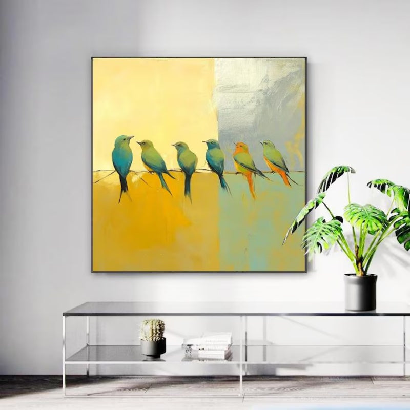 HKM-303699 Hand-Painted Abstract Oil Painting of Birds on Silver Yellow Canvas - Modern Minimalist Wall Art for Living Room and Entryway Decor