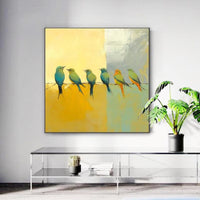 HKM-303699 Hand-Painted Abstract Oil Painting of Birds on Silver Yellow Canvas - Modern Minimalist Wall Art for Living Room and Entryway Decor
