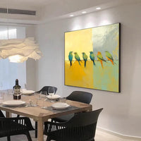 HKM-303699 Hand-Painted Abstract Oil Painting of Birds on Silver Yellow Canvas - Modern Minimalist Wall Art for Living Room and Entryway Decor