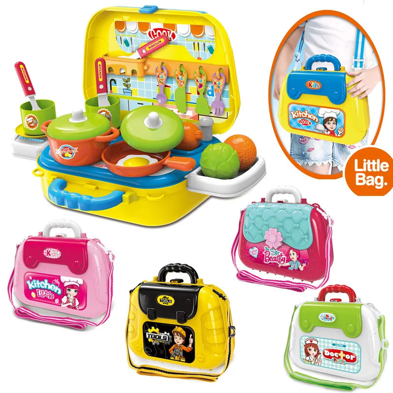 2 in 1 Kids Pretend Play Shoulder Bags Toy Set with Medical and Kitchen Tools