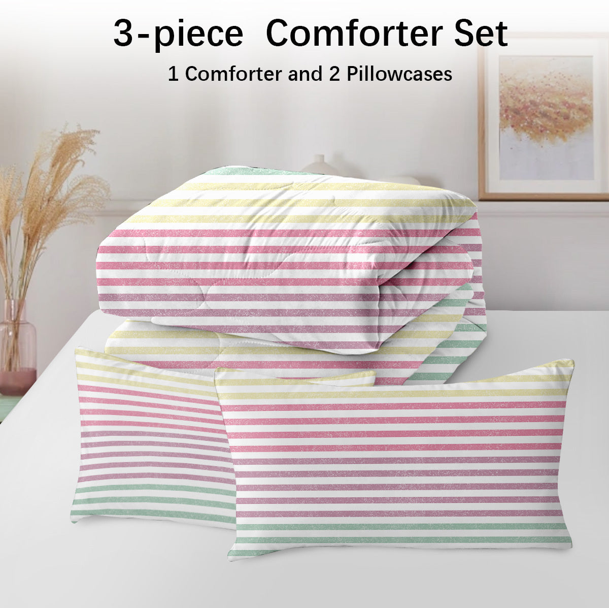 HKM-303763 Rainbow Striped Comforter Set with 2 Pillow Shams - Soft Microfiber Bedding for Full Size Comfort