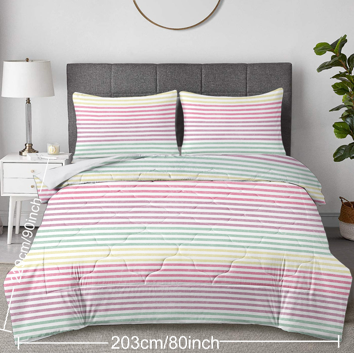 HKM-303763 Rainbow Striped Comforter Set with 2 Pillow Shams - Soft Microfiber Bedding for Full Size Comfort