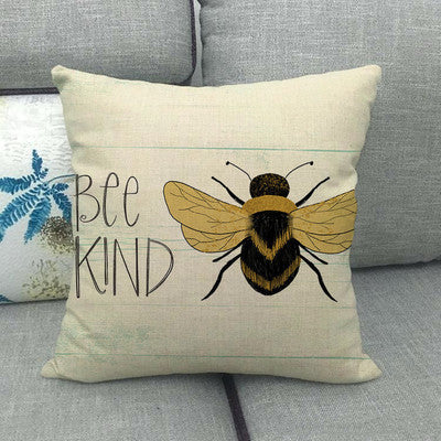 HKM-303891 Little Bee Pattern Printed Linen Pillow Cover - 45x45cm