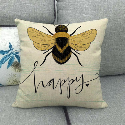 HKM-303891 Little Bee Pattern Printed Linen Pillow Cover - 45x45cm