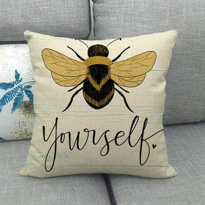 HKM-303891 Little Bee Pattern Printed Linen Pillow Cover - 45x45cm