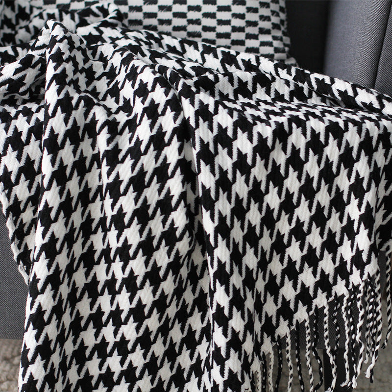 HKM-304147 Houndstooth Pattern Acrylic Woolen Blanket - Modern Geometric Design, Multiple Colors Available