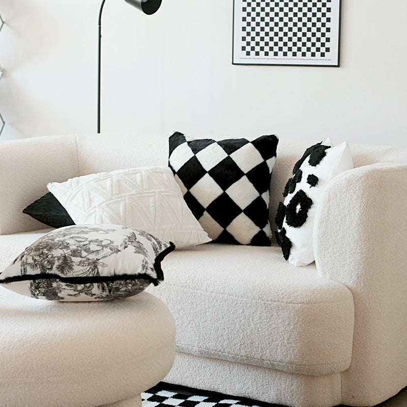 HKM-304211 Retro Rabbit Fur Checkerboard Sofa Cushion Cover and Pillow Set - 45x45cm