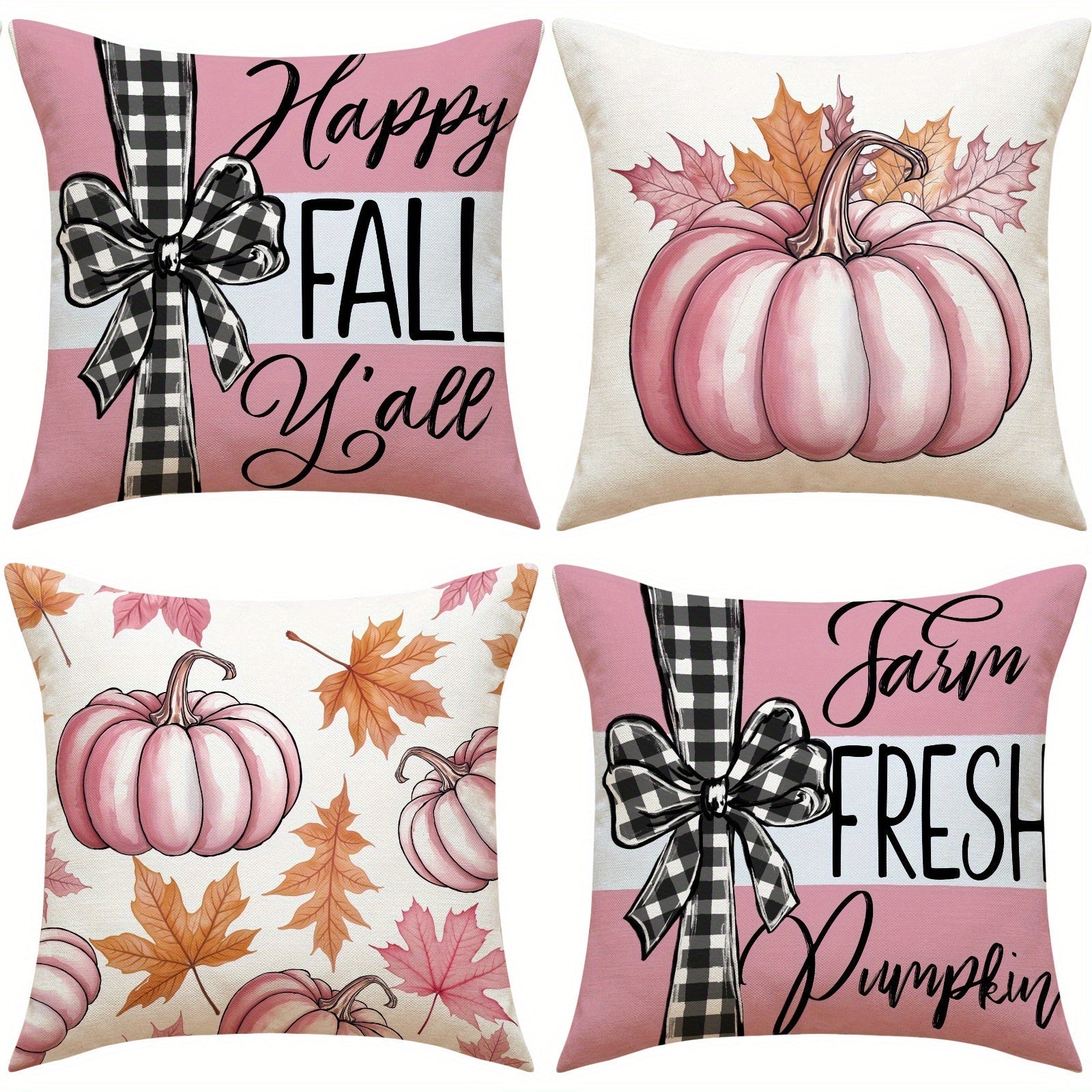 HKM-304595 Autumn 4-Pack Pillow Covers 18x18in with Pumpkin and Maple Leaf Design for Seasonal Home Decor