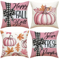 HKM-304595 Autumn 4-Pack Pillow Covers 18x18in with Pumpkin and Maple Leaf Design for Seasonal Home Decor