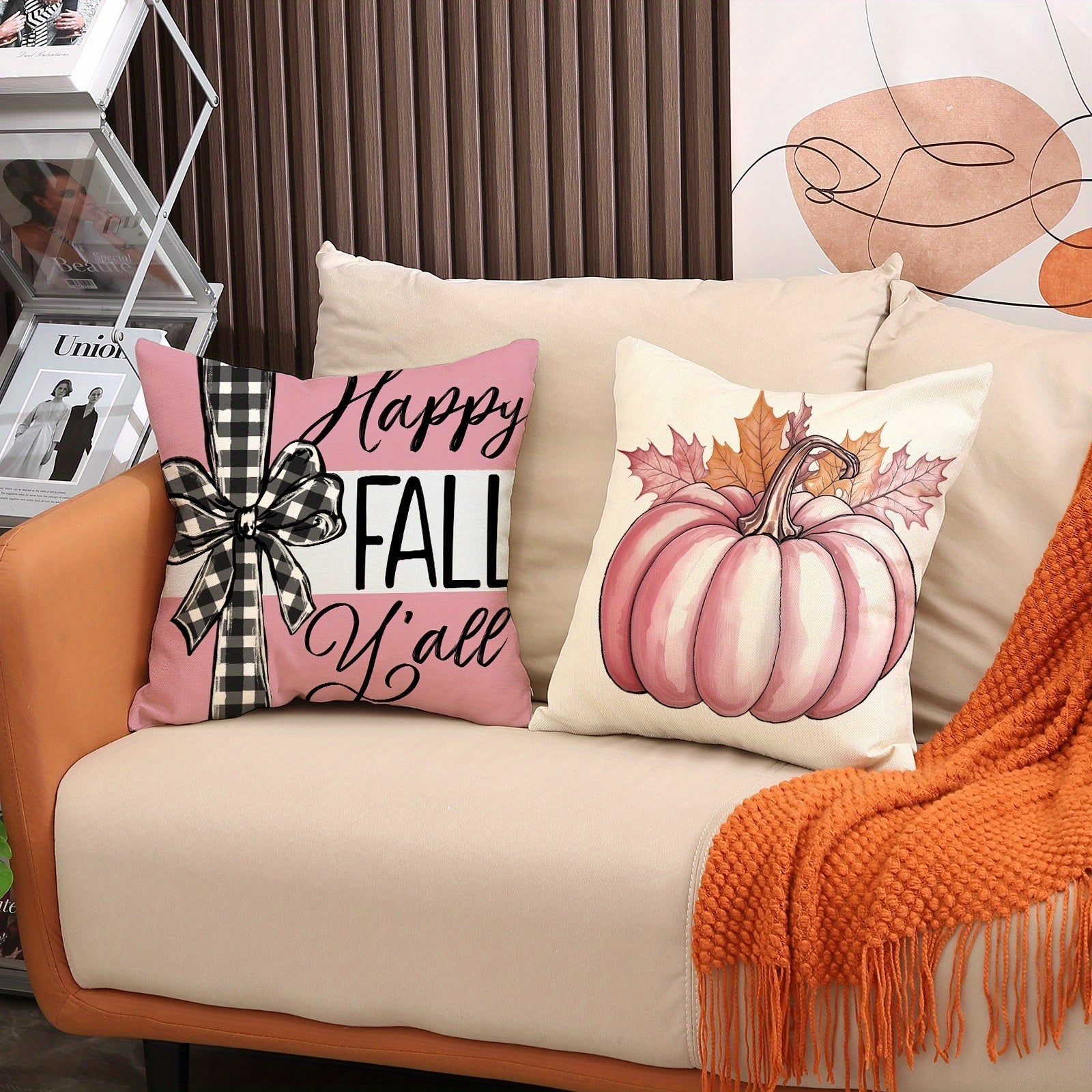 HKM-304595 Autumn 4-Pack Pillow Covers 18x18in with Pumpkin and Maple Leaf Design for Seasonal Home Decor