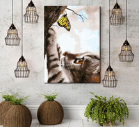 HKM-304915 Hand-Painted Cat and Butterfly Oil Painting for Living Room or Bedroom Decor - 40x50cm