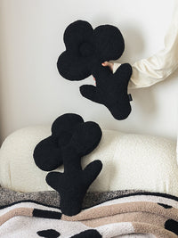 HKM-304915 Plush Black Flower-Shaped Pillow for Sofas and Bedding, 48x31cm