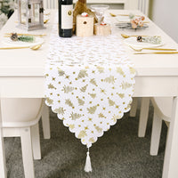 HKM-305043 Christmas Table Runner with Snowflake and Leaf Design, Red and Gold Accents, European Style Cloth Decor