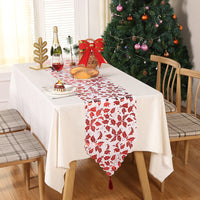 HKM-305043 Christmas Table Runner with Snowflake and Leaf Design, Red and Gold Accents, European Style Cloth Decor