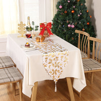 HKM-305043 Christmas Table Runner with Snowflake and Leaf Design, Red and Gold Accents, European Style Cloth Decor