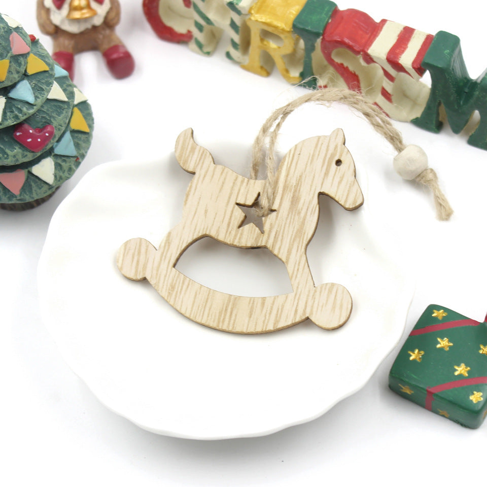 HKM-305683 Christmas Wooden Pendant Decorations - Birch Snowflake, Elk, Tree, Bell, Horse - Set of 6 Ornaments