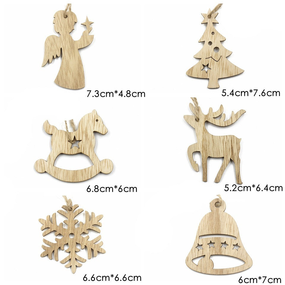 HKM-305683 Christmas Wooden Pendant Decorations - Birch Snowflake, Elk, Tree, Bell, Horse - Set of 6 Ornaments