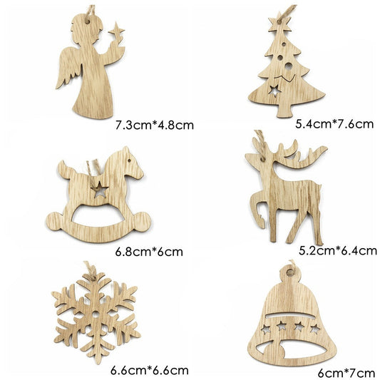 HKM-305683 Christmas Wooden Pendant Decorations - Birch Snowflake, Elk, Tree, Bell, Horse - Set of 6 Ornaments