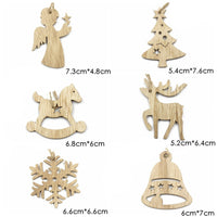 HKM-305683 Christmas Wooden Pendant Decorations - Birch Snowflake, Elk, Tree, Bell, Horse - Set of 6 Ornaments
