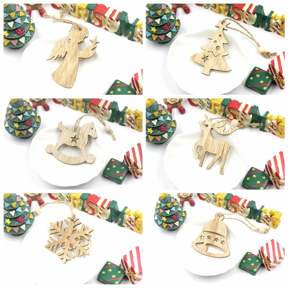 HKM-305683 Christmas Wooden Pendant Decorations - Birch Snowflake, Elk, Tree, Bell, Horse - Set of 6 Ornaments