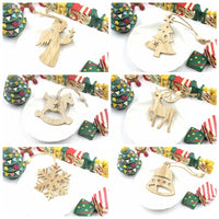 HKM-305683 Christmas Wooden Pendant Decorations - Birch Snowflake, Elk, Tree, Bell, Horse - Set of 6 Ornaments