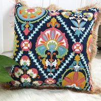 HKM-306451 Vintage Boho Embroidered Cotton Pillowcase with Fringe Detail