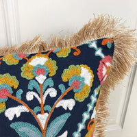 HKM-306451 Vintage Boho Embroidered Cotton Pillowcase with Fringe Detail