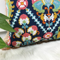 HKM-306451 Vintage Boho Embroidered Cotton Pillowcase with Fringe Detail