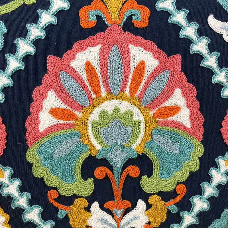 HKM-306451 Vintage Boho Embroidered Cotton Pillowcase with Fringe Detail