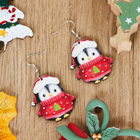 HKM-307027 Cute Penguin Acrylic Earrings for Christmas - Red and Green Cartoon Design, Unisex, 3cm