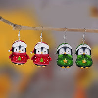 HKM-307027 Cute Penguin Acrylic Earrings for Christmas - Red and Green Cartoon Design, Unisex, 3cm